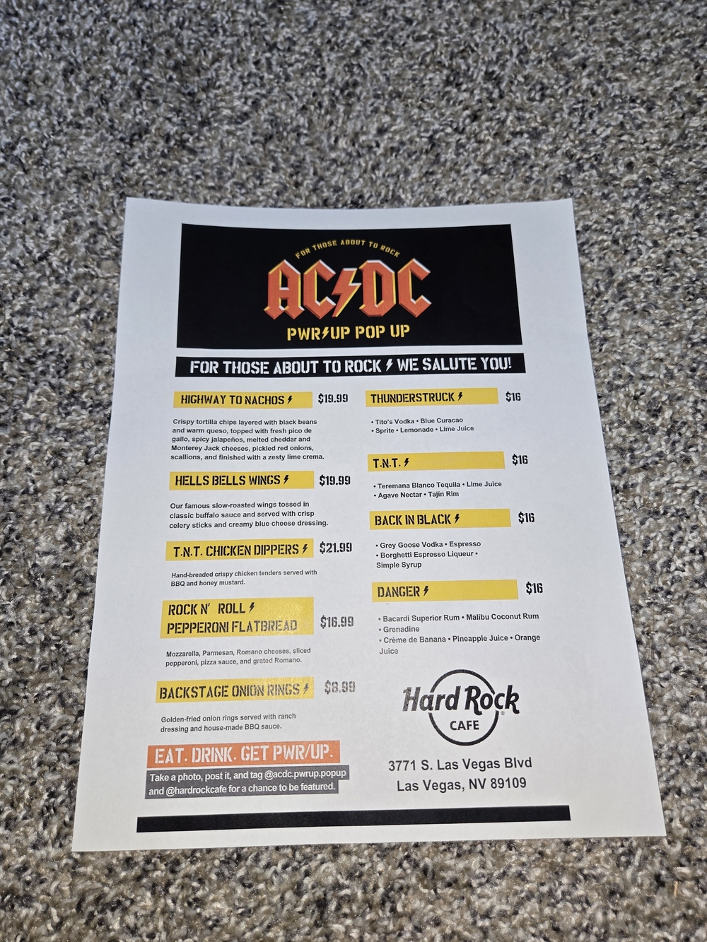 AC/DC Pwr/Up Pop Up Hard Rock Cafe Menu Exclusive Las Vegas AC/DC Concert 8/1/26